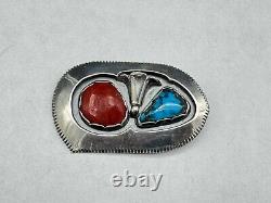 Vintage Native American Sterling Silver & Turquoise Coral Pendant Brooch