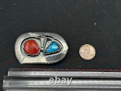 Vintage Native American Sterling Silver & Turquoise Coral Pendant Brooch