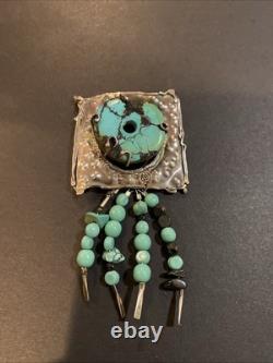 Vintage Native American Sterling Silver Turquoise Dangle Pin Brooch