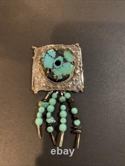 Vintage Native American Sterling Silver Turquoise Dangle Pin Brooch