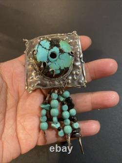 Vintage Native American Sterling Silver Turquoise Dangle Pin Brooch