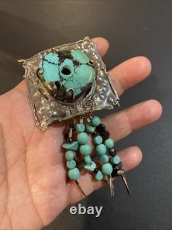Vintage Native American Sterling Silver Turquoise Dangle Pin Brooch