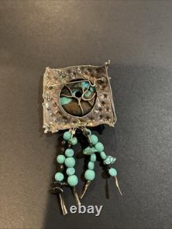 Vintage Native American Sterling Silver Turquoise Dangle Pin Brooch