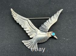 Vintage Native American Sterling Silver Turquoise Flying Bird Brooch Pin