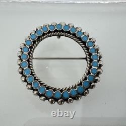 Vintage Native American Sterling Silver Turquoise Inlay Round Pin Pendant Brooch