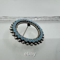 Vintage Native American Sterling Silver Turquoise Inlay Round Pin Pendant Brooch