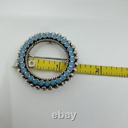 Vintage Native American Sterling Silver Turquoise Inlay Round Pin Pendant Brooch