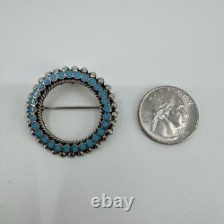 Vintage Native American Sterling Silver Turquoise Inlay Round Pin Pendant Brooch