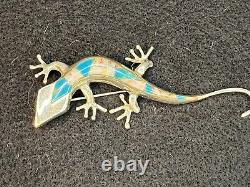 Vintage Native American Sterling Silver Turquoise Opal Lizard Pin Brooch Pendant