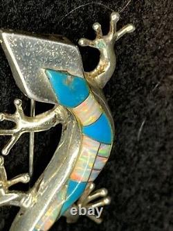 Vintage Native American Sterling Silver Turquoise Opal Lizard Pin Brooch Pendant