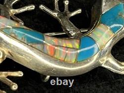 Vintage Native American Sterling Silver Turquoise Opal Lizard Pin Brooch Pendant