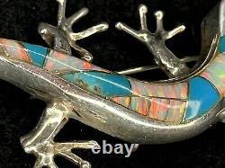 Vintage Native American Sterling Silver Turquoise Opal Lizard Pin Brooch Pendant