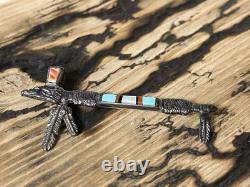 Vintage Native American Tobacco Pipe Turquoise Sterling Silver Brooch Pin Inlaid