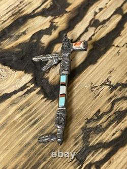 Vintage Native American Tobacco Pipe Turquoise Sterling Silver Brooch Pin Inlaid