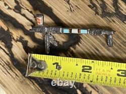 Vintage Native American Tobacco Pipe Turquoise Sterling Silver Brooch Pin Inlaid