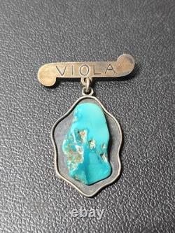 Vintage Native American Turquoise Sterling Silver Brooch Pin Unique Design