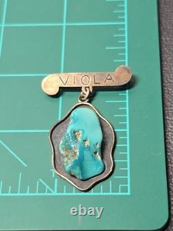 Vintage Native American Turquoise Sterling Silver Brooch Pin Unique Design