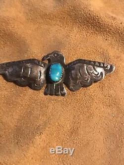 Vintage Native American Turquoise Sterling Silver Stamped Thunderbird Pin