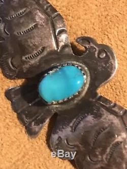 Vintage Native American Turquoise Sterling Silver Stamped Thunderbird Pin