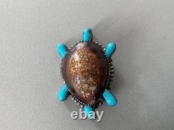 Vintage Native American Zuni Cowrie Shell Turtle Turquoise Brooch Sterling Pin