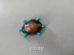 Vintage Native American Zuni Cowrie Shell Turtle Turquoise Brooch Sterling Pin