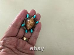 Vintage Native American Zuni Cowrie Shell Turtle Turquoise Brooch Sterling Pin