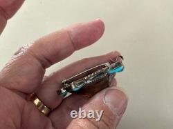 Vintage Native American Zuni Cowrie Shell Turtle Turquoise Brooch Sterling Pin