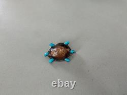 Vintage Native American Zuni Cowrie Shell Turtle Turquoise Brooch Sterling Pin