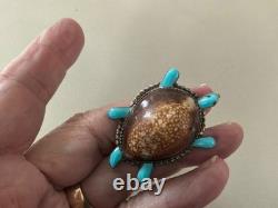 Vintage Native American Zuni Cowrie Shell Turtle Turquoise Brooch Sterling Pin