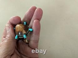 Vintage Native American Zuni Cowrie Shell Turtle Turquoise Brooch Sterling Pin