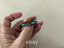 Vintage Native American Zuni Cowrie Shell Turtle Turquoise Brooch Sterling Pin