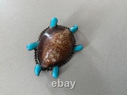 Vintage Native American Zuni Cowrie Shell Turtle Turquoise Brooch Sterling Pin