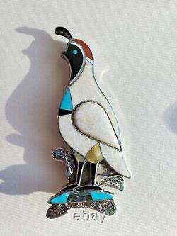 Vintage Native American Zuni Inlaid Turquoise Multistone Quail Pin Silver