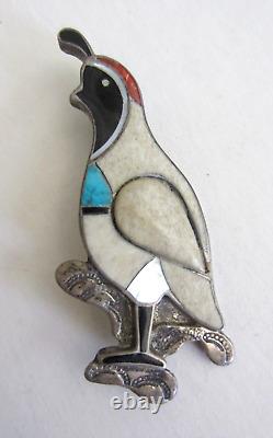 Vintage Native American Zuni Inlaid Turquoise Multistone Quail Pin Silver