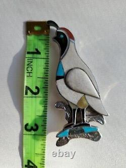 Vintage Native American Zuni Inlaid Turquoise Multistone Quail Pin Silver