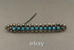 Vintage Native American Zuni Snake Eye Turquoise Sterling Silver Row Bar Pin 925