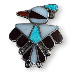 Vintage Native American Zuni Sterling Silver Inlay Turquoise Bird Brooch Pin