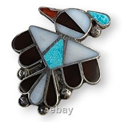 Vintage Native American Zuni Sterling Silver Inlay Turquoise Bird Brooch Pin