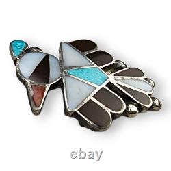 Vintage Native American Zuni Sterling Silver Inlay Turquoise Bird Brooch Pin