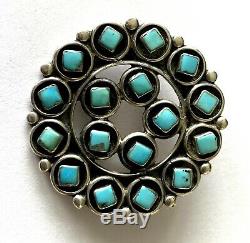 Vintage Native American Zuni Sterling Silver Turquoise Inlay Pin Brooch Pendant