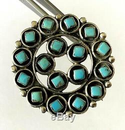Vintage Native American Zuni Sterling Silver Turquoise Inlay Pin Brooch Pendant