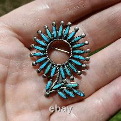 Vintage Native American Zuni sterling silver needlepoint turquoise brooch pin
