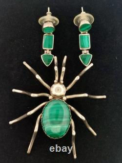 Vintage Native American by Evelyn Spencer, Navajo Sterling Malachite Set Spider