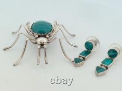 Vintage Native American by Evelyn Spencer, Navajo Sterling Malachite Set Spider