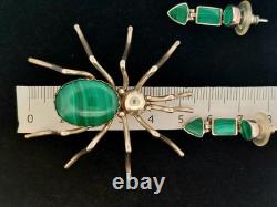 Vintage Native American by Evelyn Spencer, Navajo Sterling Malachite Set Spider