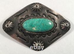 Vintage Native Indian Sterling Silver Turquoise Repousse Stampwork Pin Brooch