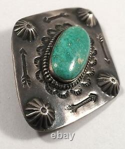 Vintage Native Indian Sterling Silver Turquoise Repousse Stampwork Pin Brooch