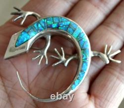 Vintage Native Sterling Silver Turquoise Green Fire Opal Gecko Inlay Pin Pendant