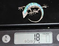 Vintage Native Sterling Silver Turquoise Green Fire Opal Gecko Inlay Pin Pendant