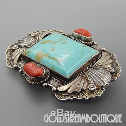 Vintage Navajo 925 Silver Coral & Turquoise Stamp Work Large Ornate Brooch Pin